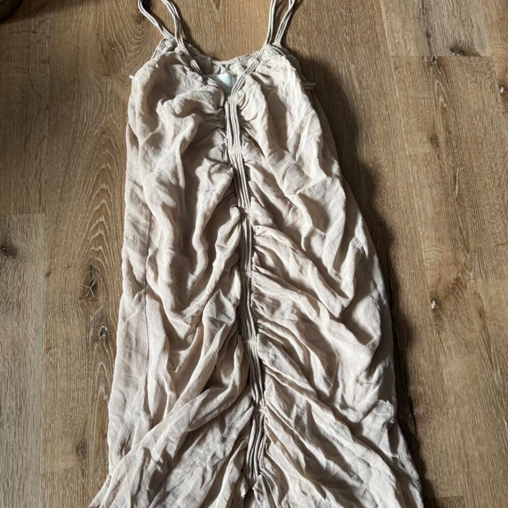 Madison Marcus Ruched Light beige cream pink Silk Midi dress size XS